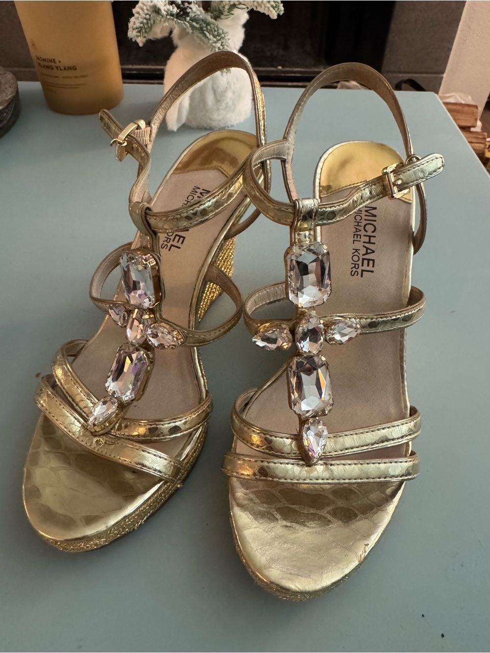 Michael Kors Metallic Gold Jeweled T-Strap Heels size 8.5